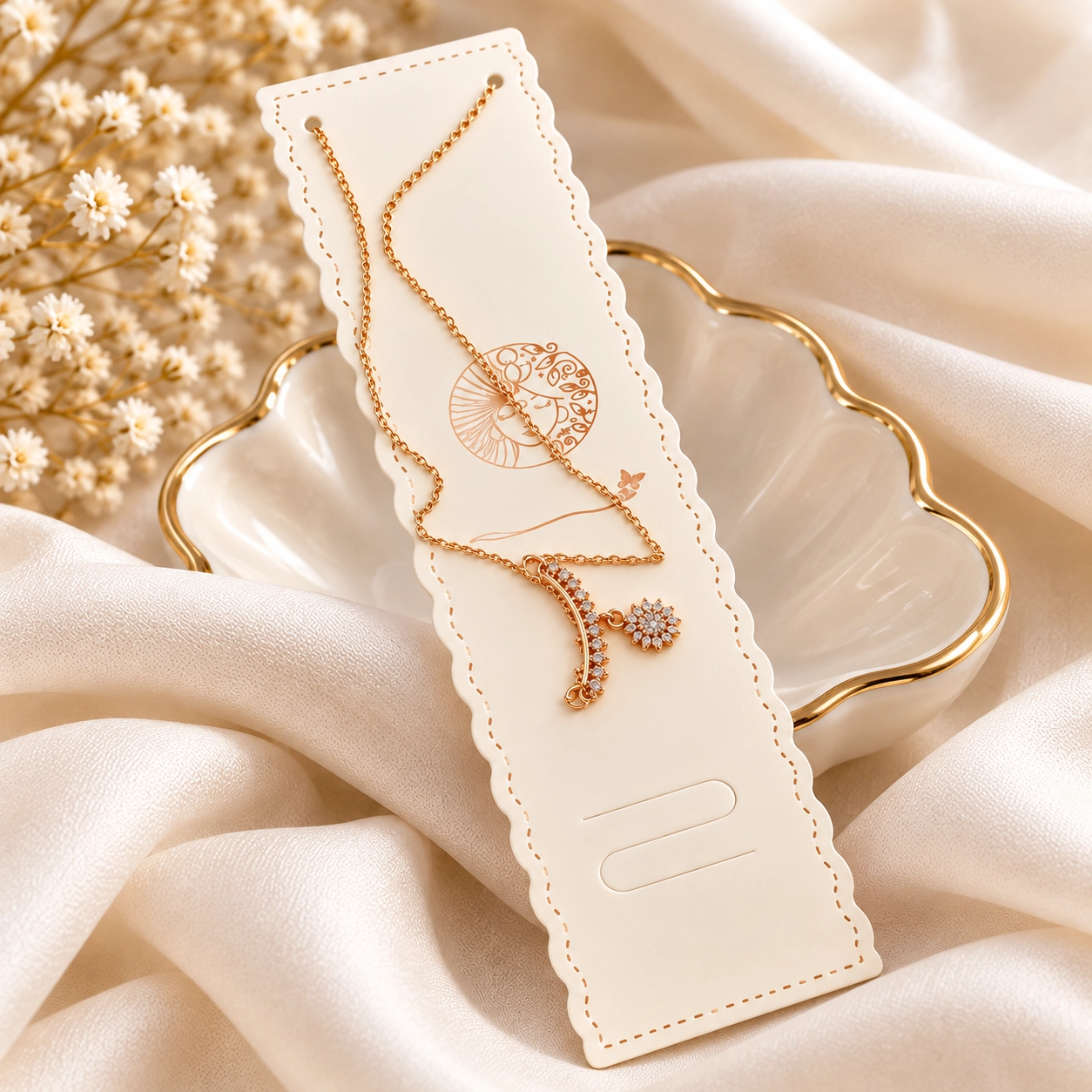 Anti-Tarnish Rose Gold Crescent & Floral Pendant Necklace