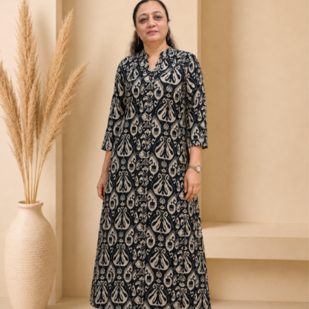 Black & Beige Ikat Design Cotton Flex Kurti for Women