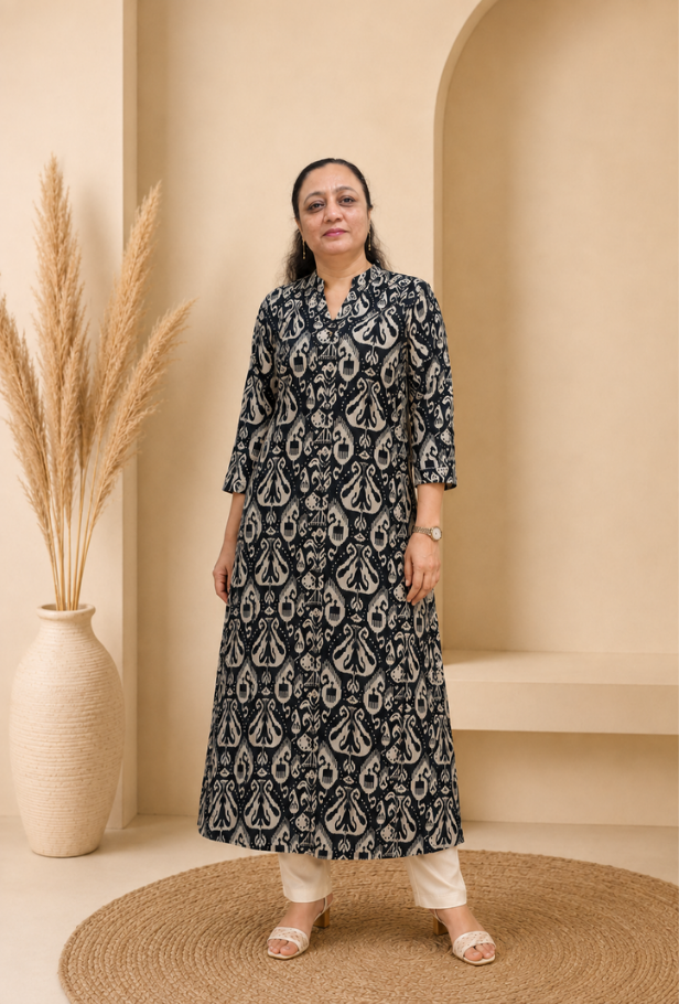Black & Beige Ikat Design Cotton Flex Kurti for Women