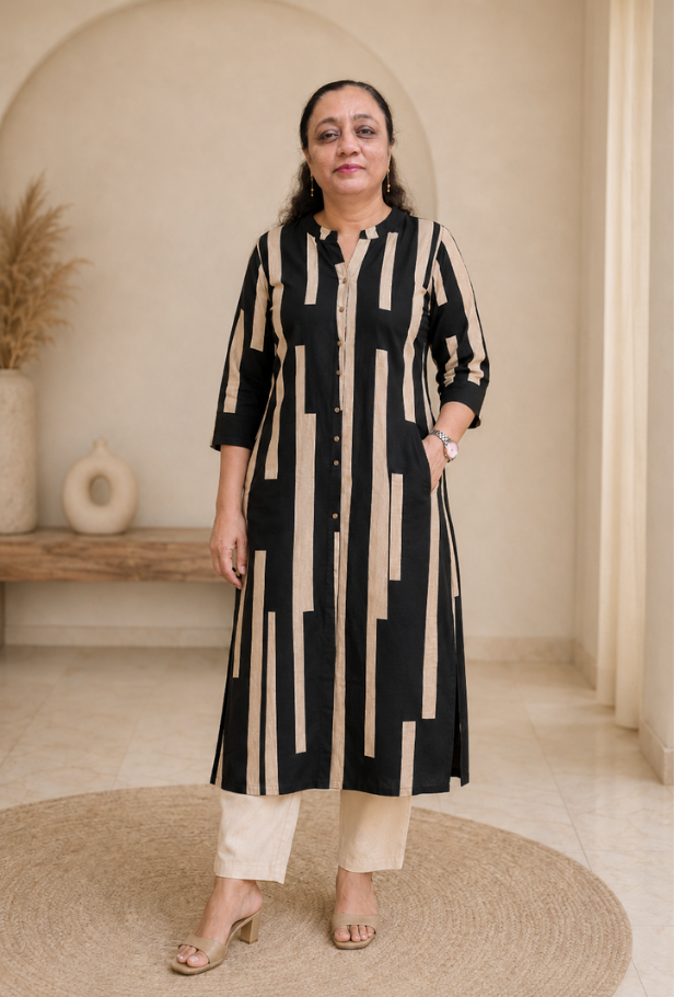 Black & Beige Cotton Flex Kurti for Women