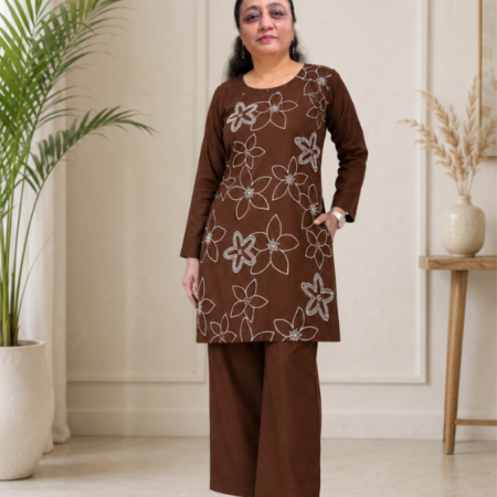 Brown Pure Cotton Embroidered Co-ord Set for Women