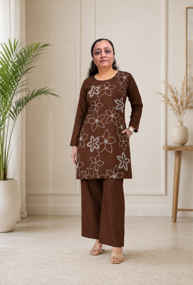 Brown Pure Cotton Embroidered Co-ord Set for Women