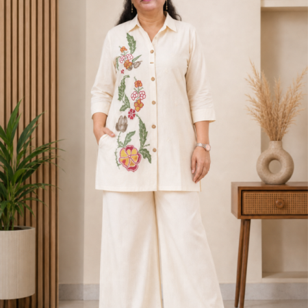 Ivory Cotton Embroidered Co-ord Set for Women