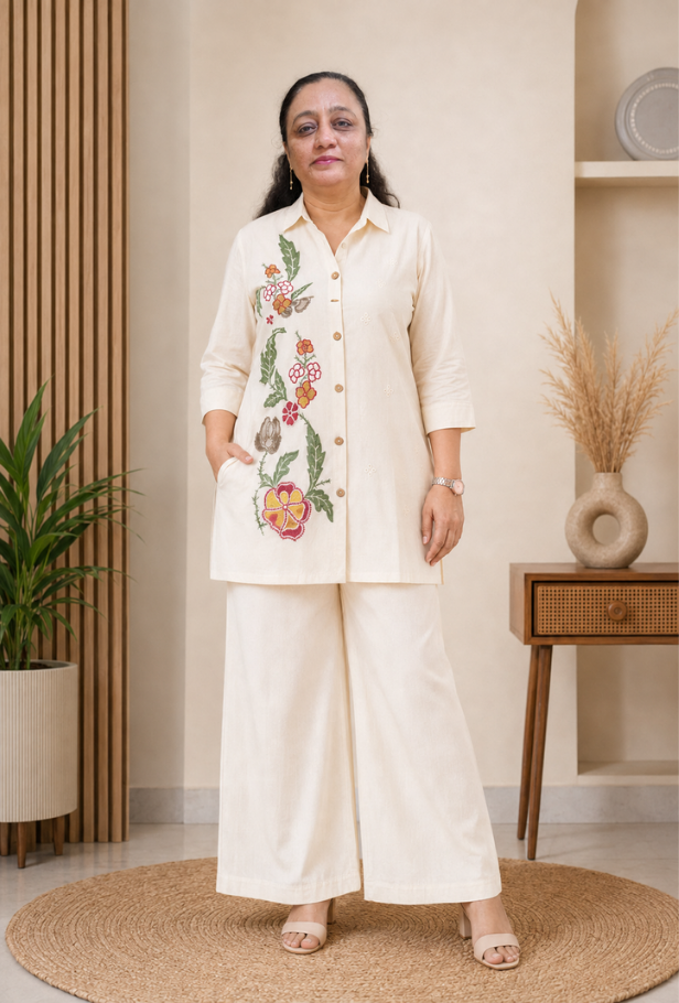 Ivory Cotton Embroidered Co-ord Set for Women