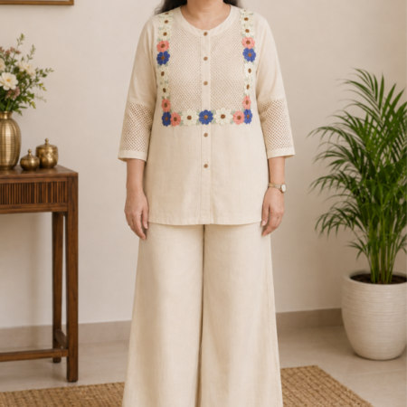 Ivory Cotton Flex Co-ord Set with Floral Net Work