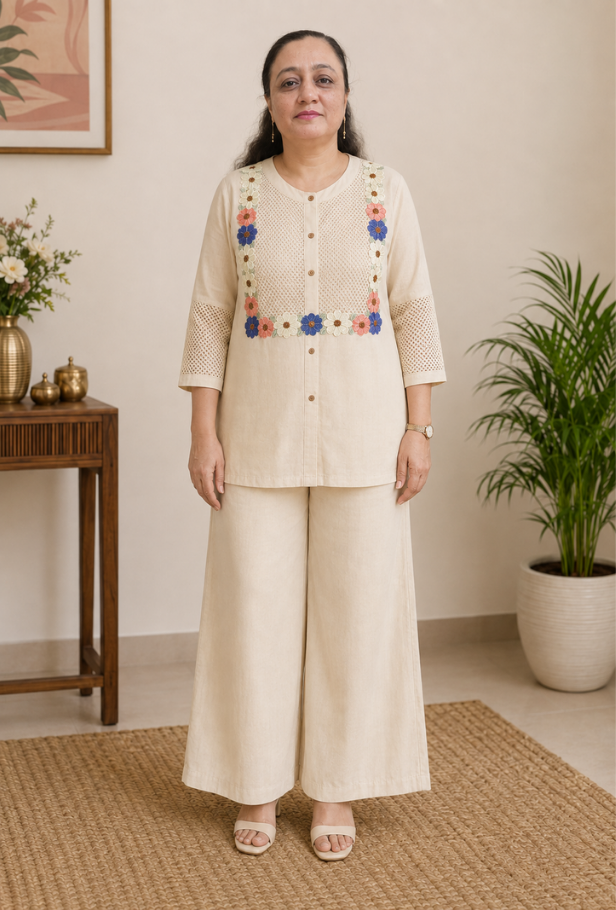 Ivory Cotton Flex Co-ord Set with Floral Net Work