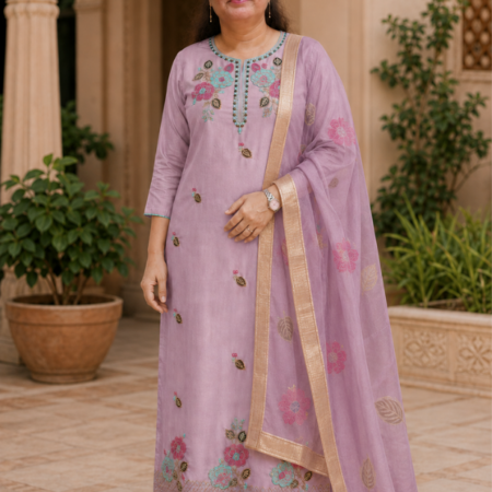 Mauve Roman Silk Embroidered Kurti Set with Dupatta