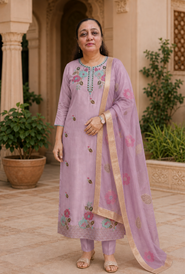 Mauve Roman Silk Embroidered Kurti Set with Dupatta