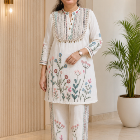 White Floral Embroidered Co-ord Set for Women