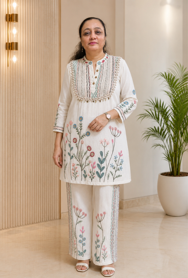 White Floral Embroidered Co-ord Set for Women