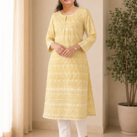 Yellow Embroidered Chikankari Kurti for Women
