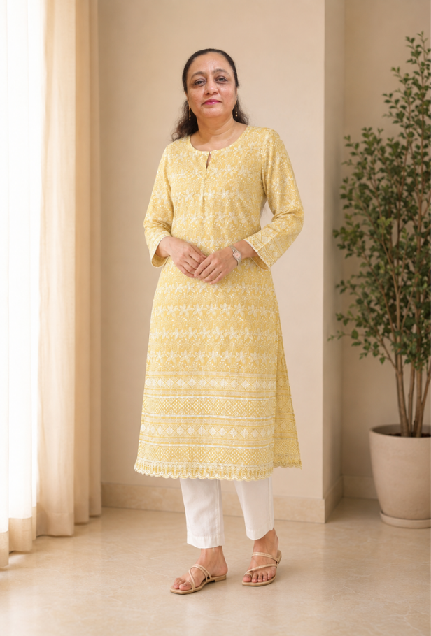 Yellow Embroidered Chikankari Kurti for Women