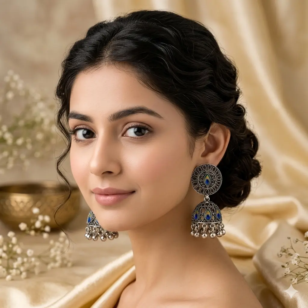 Antique silver jhumkas with circular tribal engraving and vibrant blue-green enamel accents