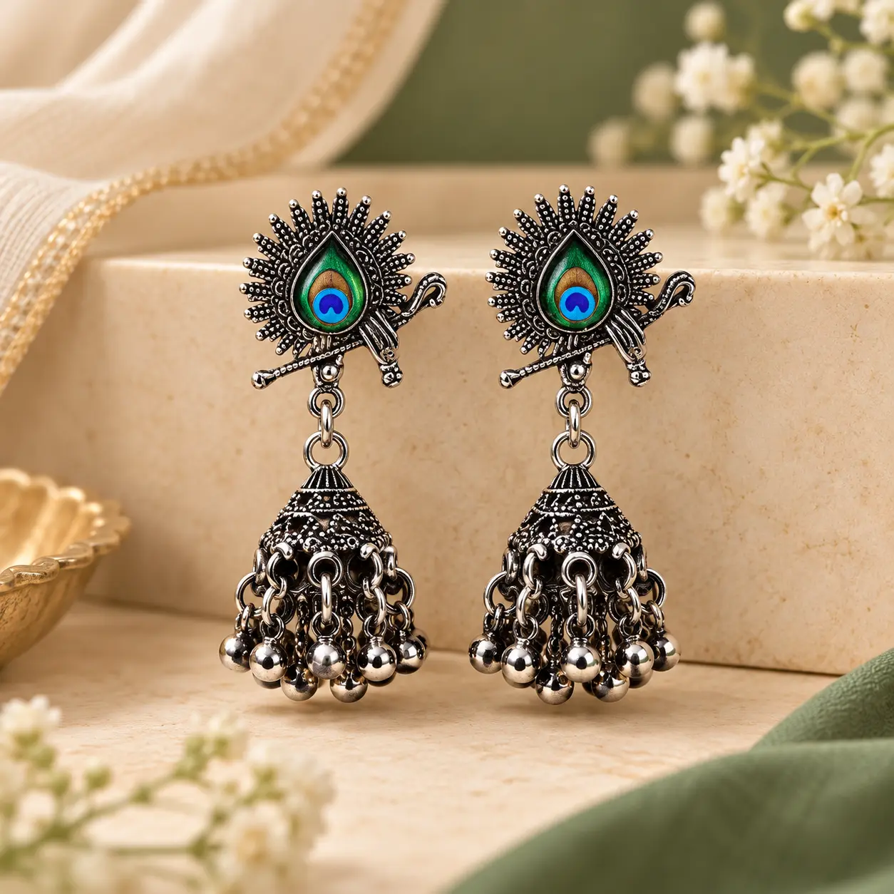 Enamel peacock feather jhumka earrings featuring a miniature silver Lord Krishna flute design