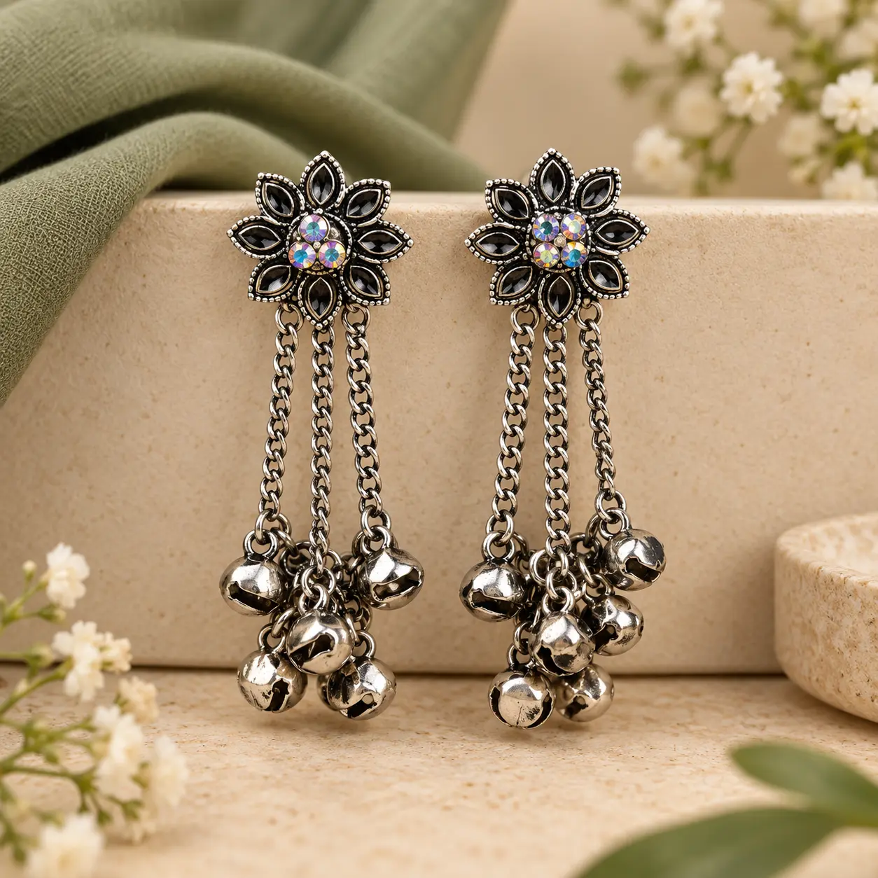 Long oxidized silver drop earrings with a black flower stud and multilayered hanging chains