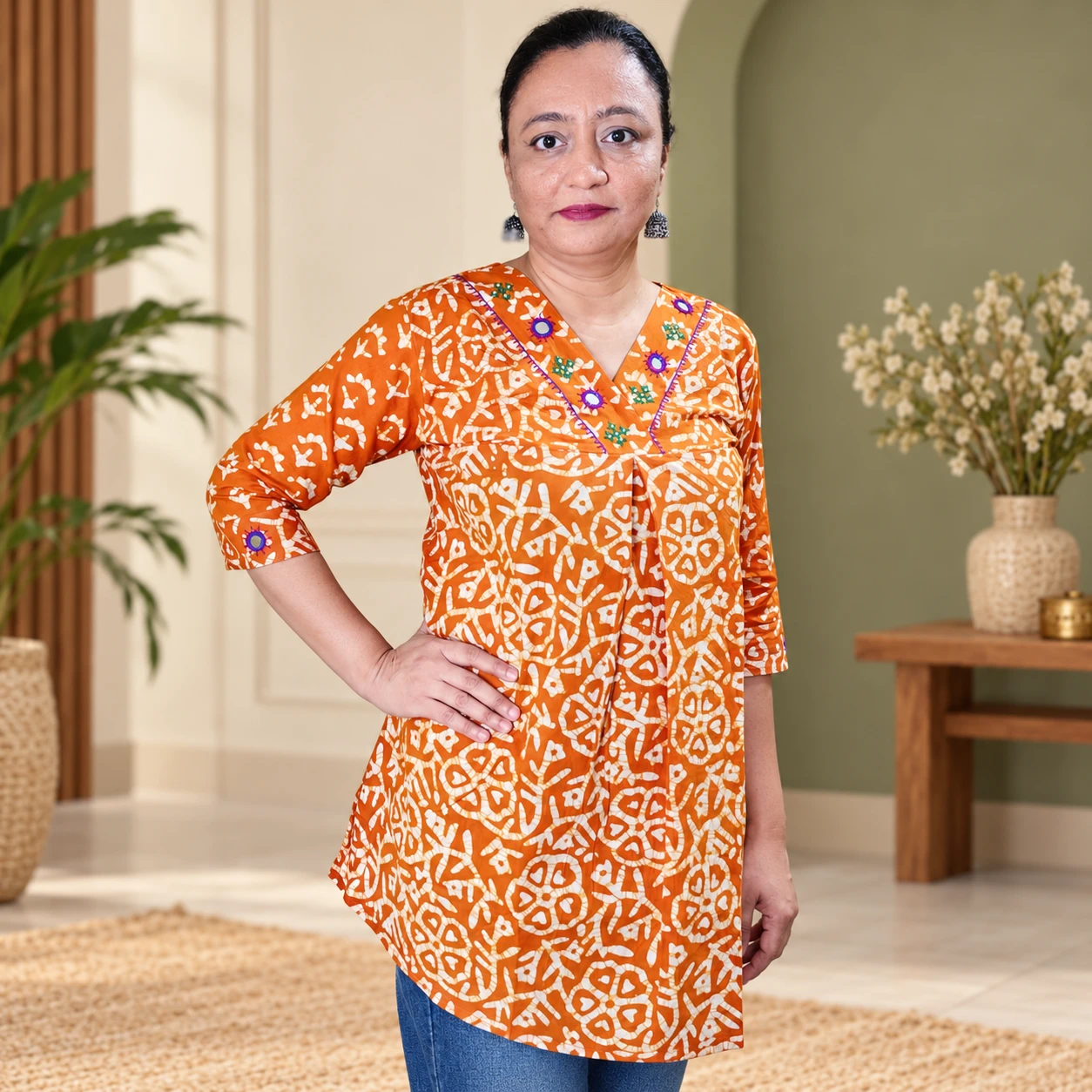 Mustard Printed Pure Cotton Short Kurti with Real Mirror Work