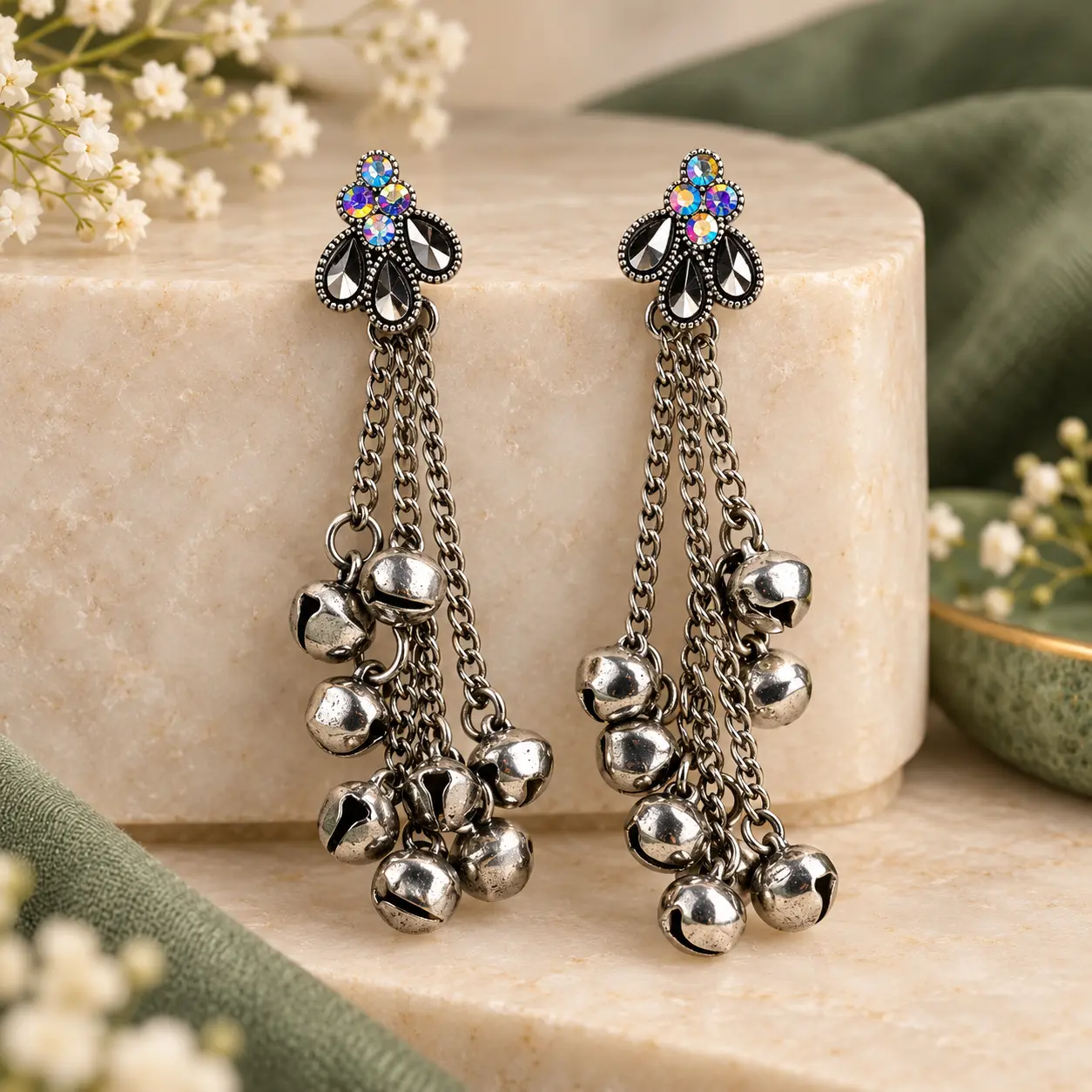 Oxidised silver bell drop earrings for girls and women