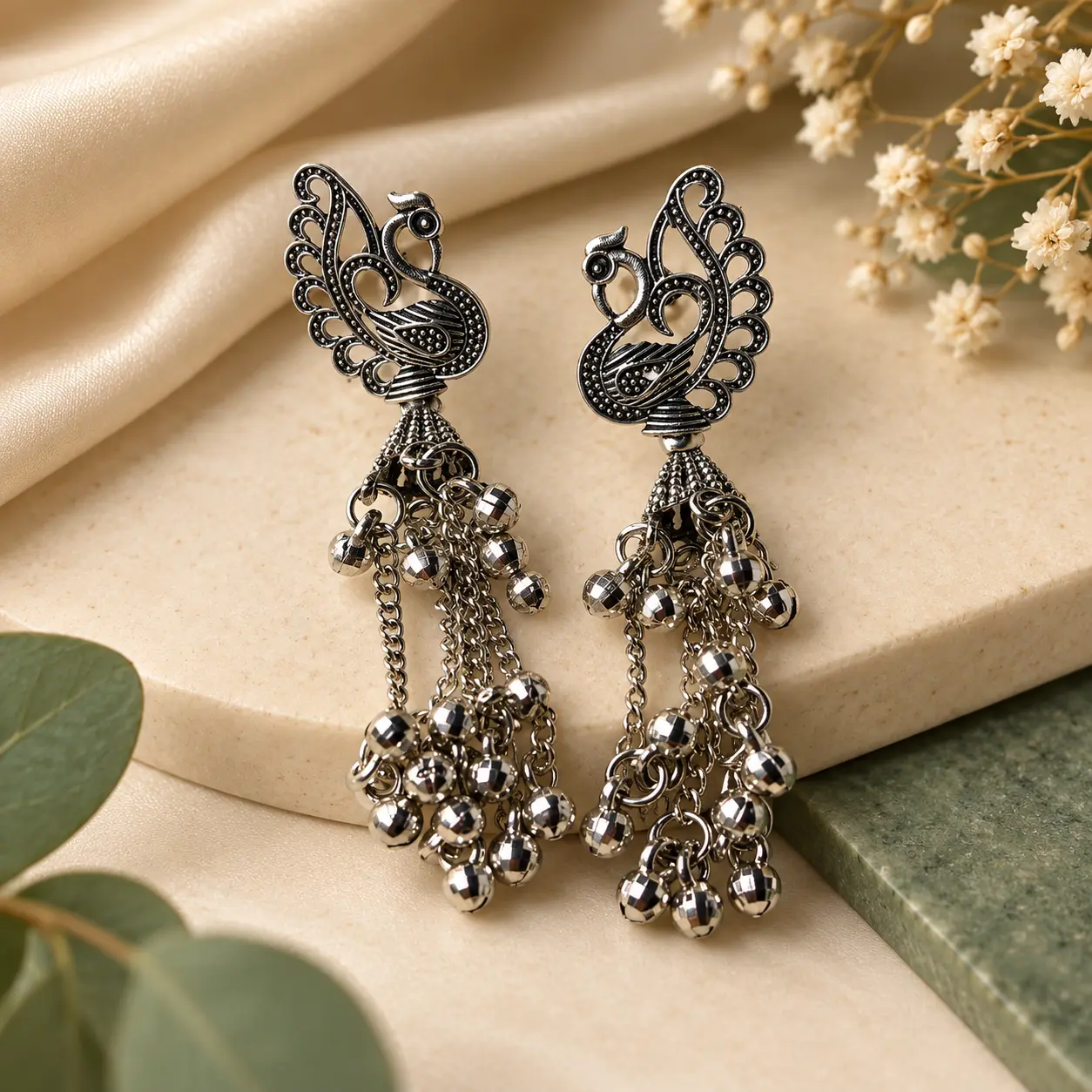 Oxidised silver peacock statement earrings for women