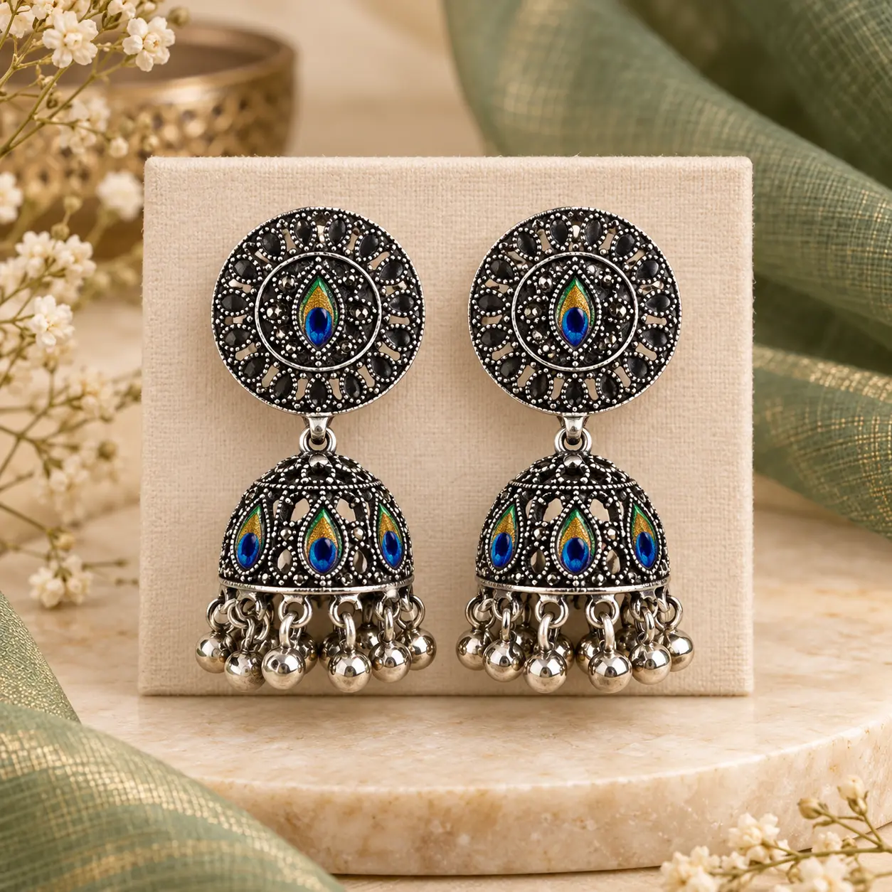 Oxidized silver jhumka earrings featuring a round filigree stud and a blue peacock enamel motif