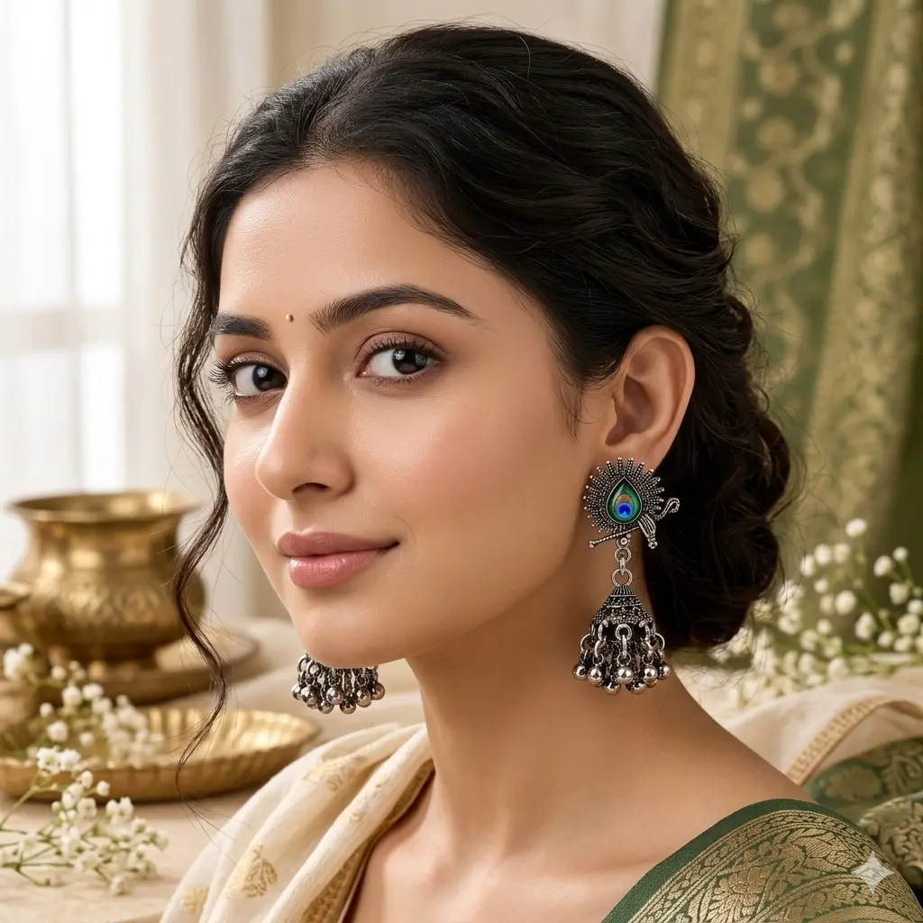 Traditional peacock feather silver domes earrings adorned with a flute-shaped ethnic motif